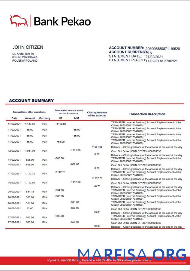 Downloadable Poland Bank Pekao S.A. bank statement word example